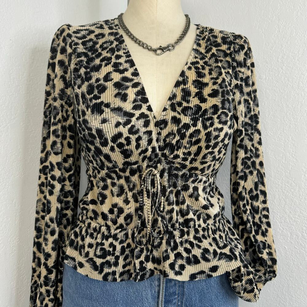 Zara Leopard Animal Print Blouse Puff Long Sleeve V-Neck Size Small